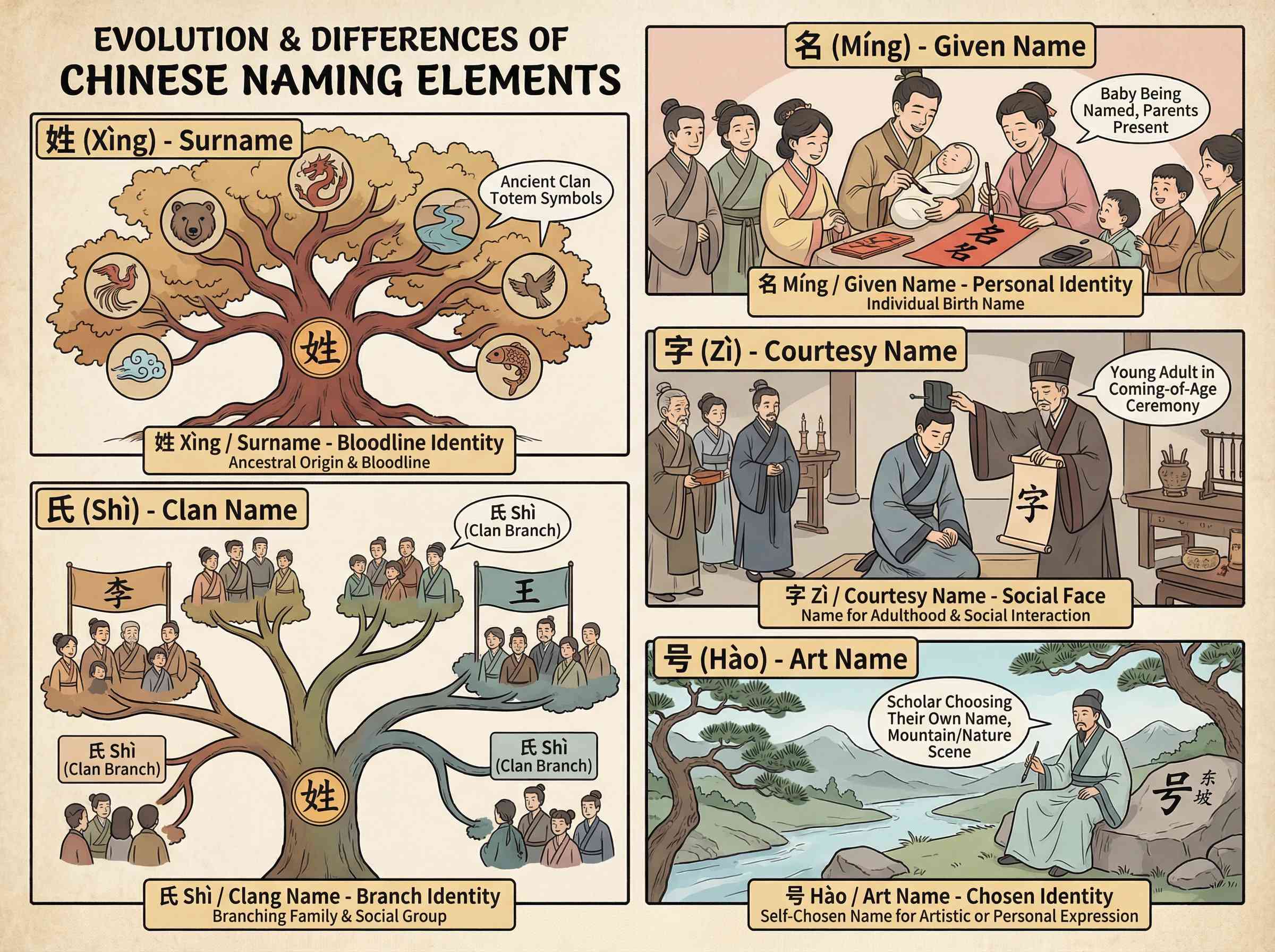 Cultural Codes Behind Chinese Names: Understanding the Wisdom of Bloodline, Identity, and Self-Expression through "Surname, Clan Name, Given Name, Courtesy Name, and Pseudonym"